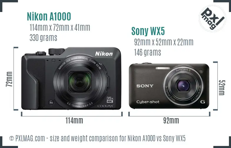 Nikon A1000 vs Sony WX5 size comparison