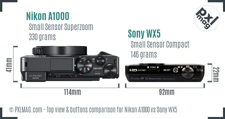 Nikon A1000 vs Sony WX5 top view buttons comparison