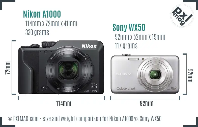 Nikon A1000 vs Sony WX50 size comparison