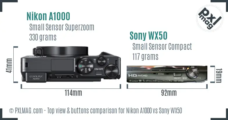 Nikon A1000 vs Sony WX50 top view buttons comparison