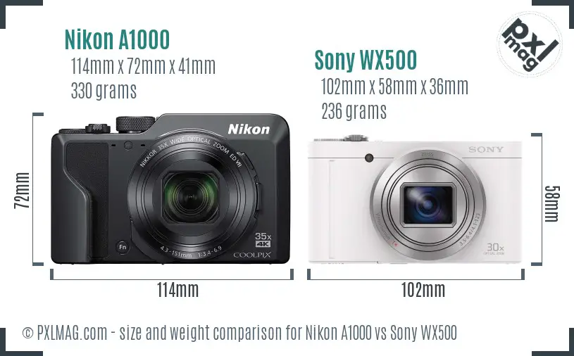 Nikon A1000 vs Sony WX500 size comparison