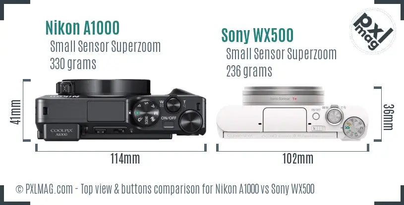 Nikon A1000 vs Sony WX500 top view buttons comparison