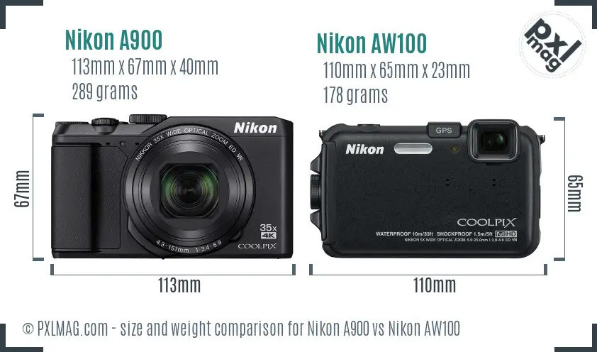 Nikon A900 vs Nikon AW100 size comparison