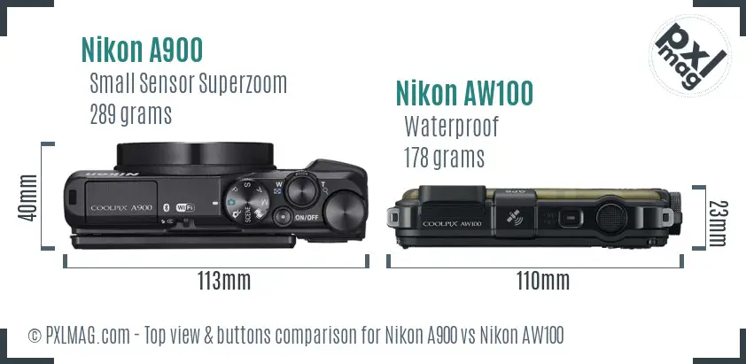Nikon A900 vs Nikon AW100 top view buttons comparison
