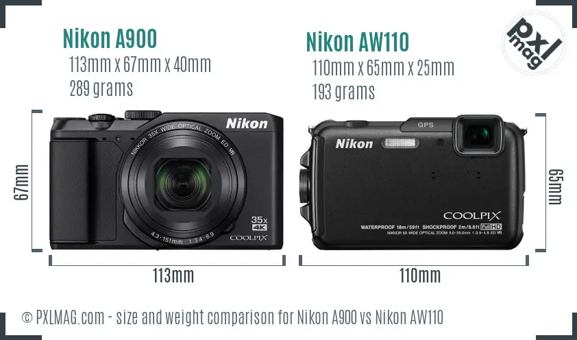 Nikon A900 vs Nikon AW110 size comparison