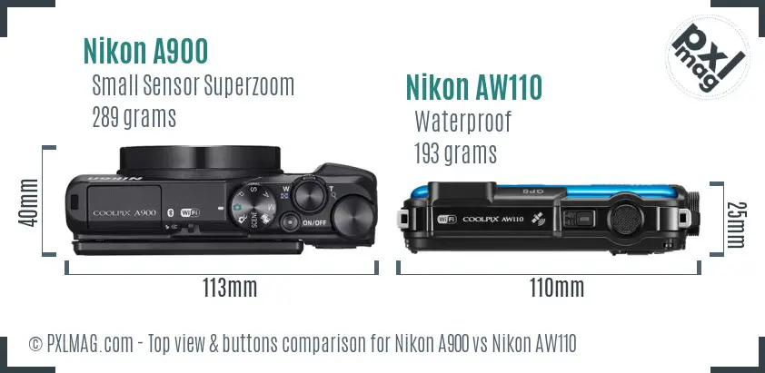 Nikon A900 vs Nikon AW110 top view buttons comparison