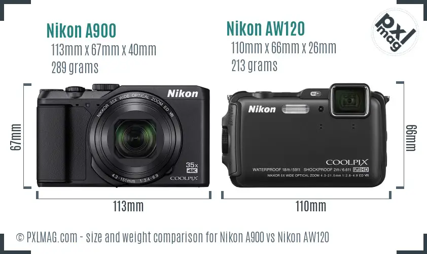 Nikon A900 vs Nikon AW120 size comparison