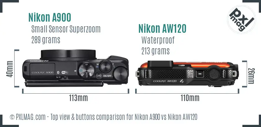 Nikon A900 vs Nikon AW120 top view buttons comparison