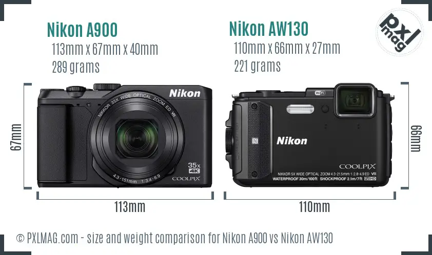 Nikon A900 vs Nikon AW130 size comparison