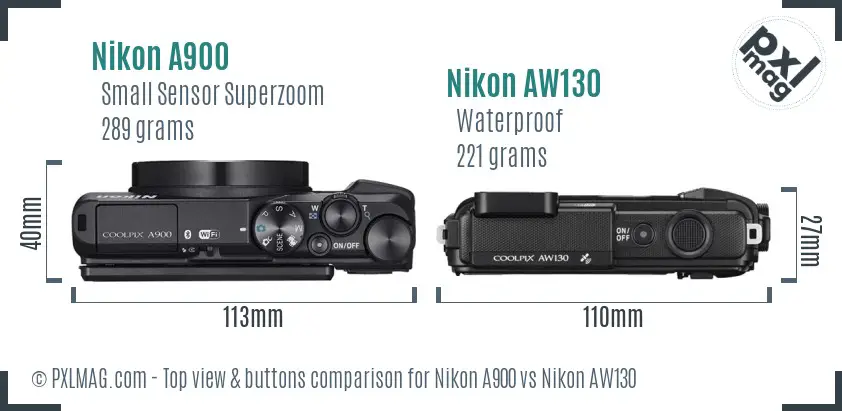 Nikon A900 vs Nikon AW130 top view buttons comparison