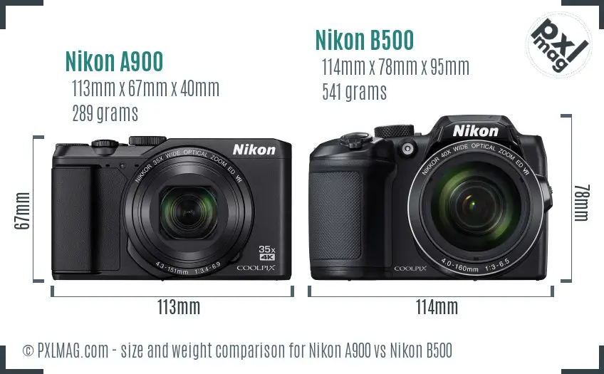 Nikon A900 vs Nikon B500 size comparison