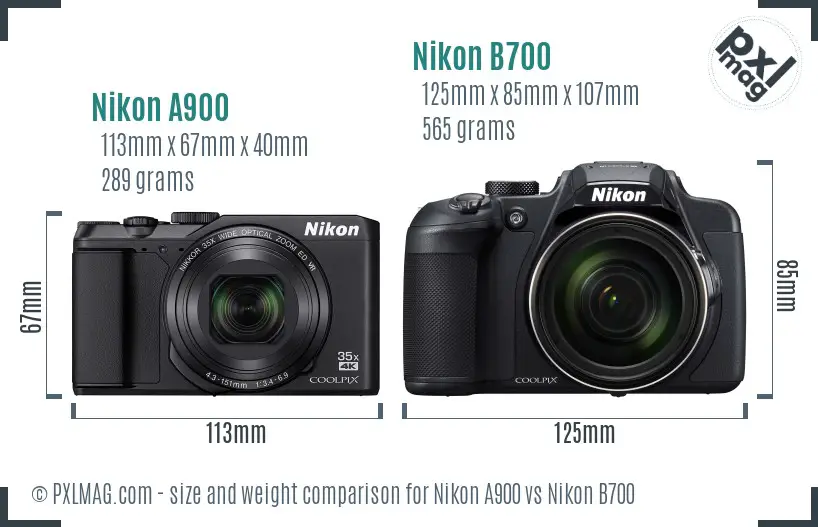 Nikon A900 vs Nikon B700 size comparison