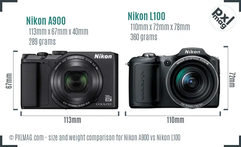 Nikon A900 vs Nikon L100 size comparison