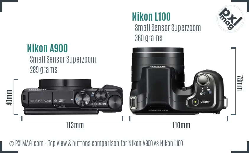 Nikon A900 vs Nikon L100 top view buttons comparison