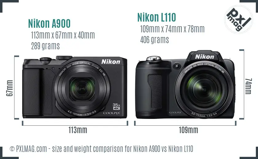 Nikon A900 vs Nikon L110 size comparison