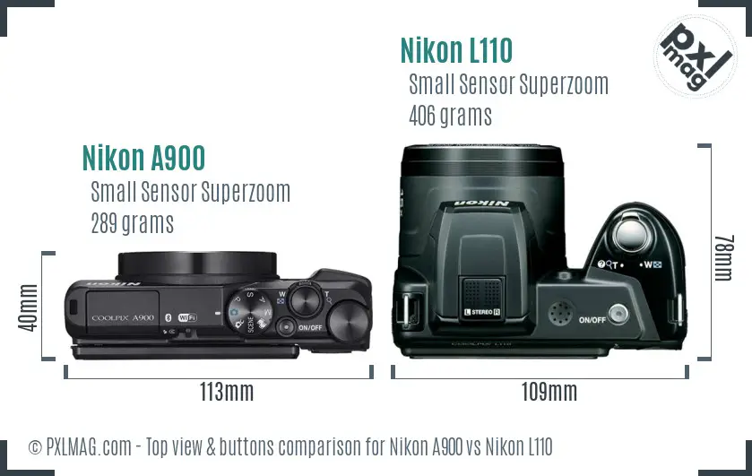 Nikon A900 vs Nikon L110 top view buttons comparison