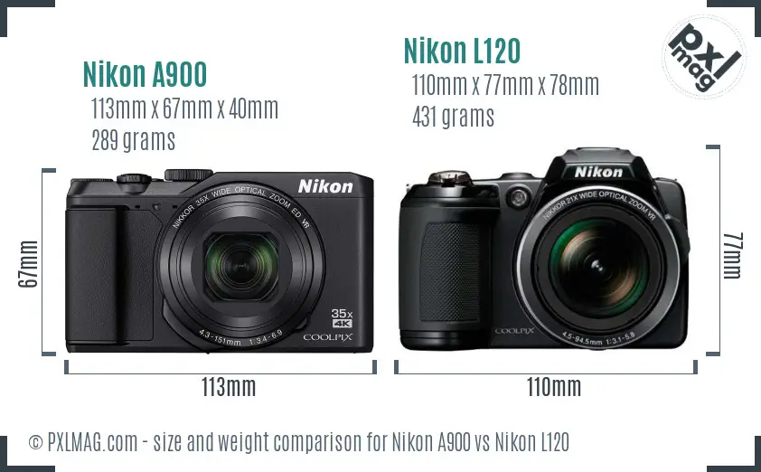 Nikon A900 vs Nikon L120 size comparison