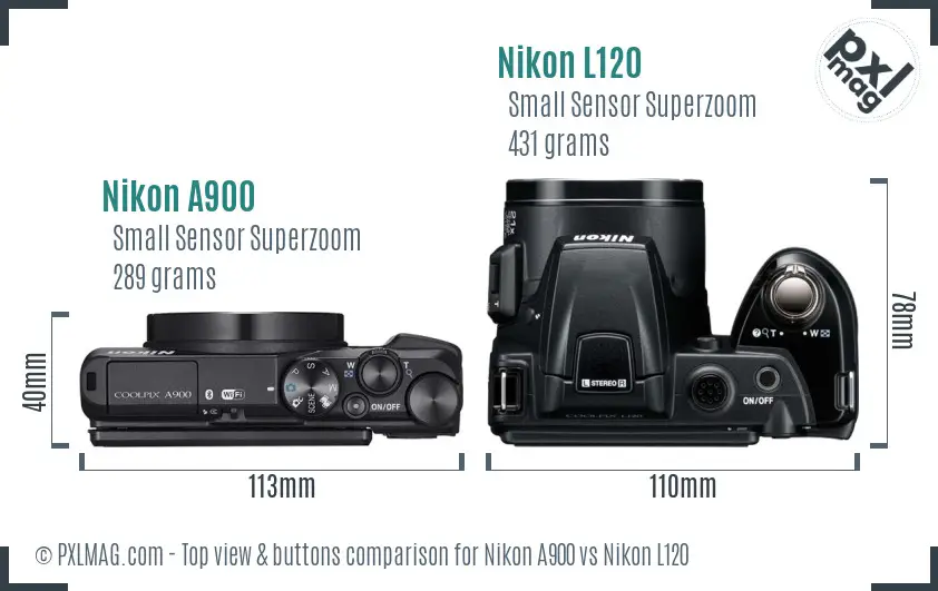 Nikon A900 vs Nikon L120 top view buttons comparison