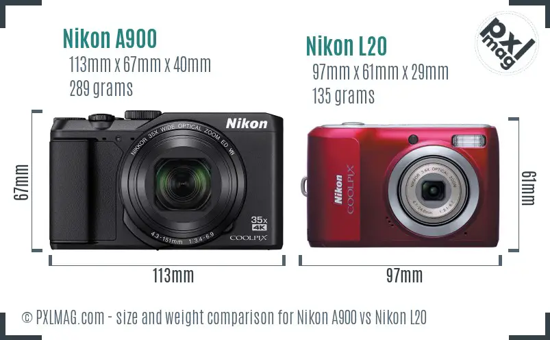 Nikon A900 vs Nikon L20 size comparison