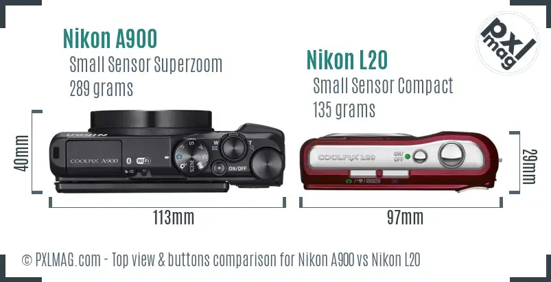 Nikon A900 vs Nikon L20 top view buttons comparison