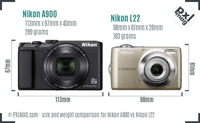 Nikon A900 vs Nikon L22 size comparison