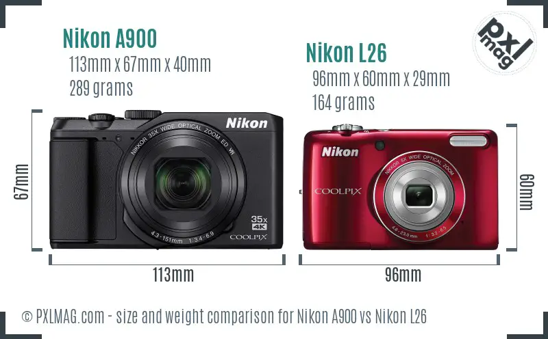 Nikon A900 vs Nikon L26 size comparison