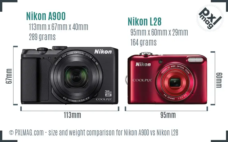 Nikon A900 vs Nikon L28 size comparison