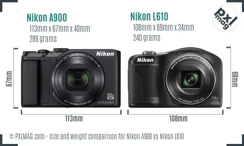 Nikon A900 vs Nikon L610 size comparison