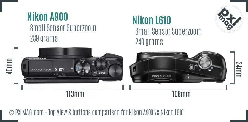Nikon A900 vs Nikon L610 top view buttons comparison