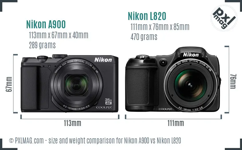 Nikon A900 vs Nikon L820 size comparison