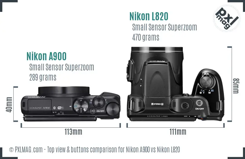 Nikon A900 vs Nikon L820 top view buttons comparison