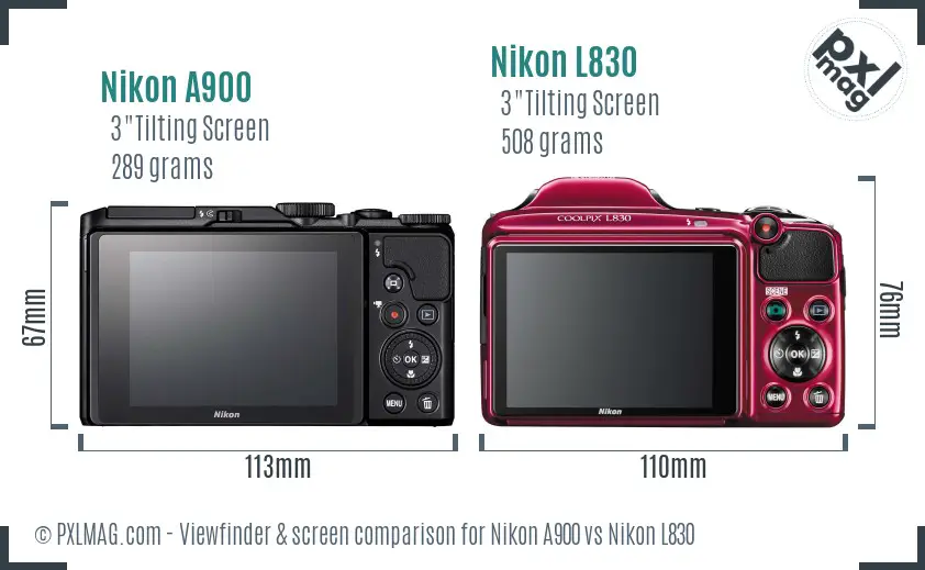 Nikon A900 vs Nikon L830 Screen and Viewfinder comparison
