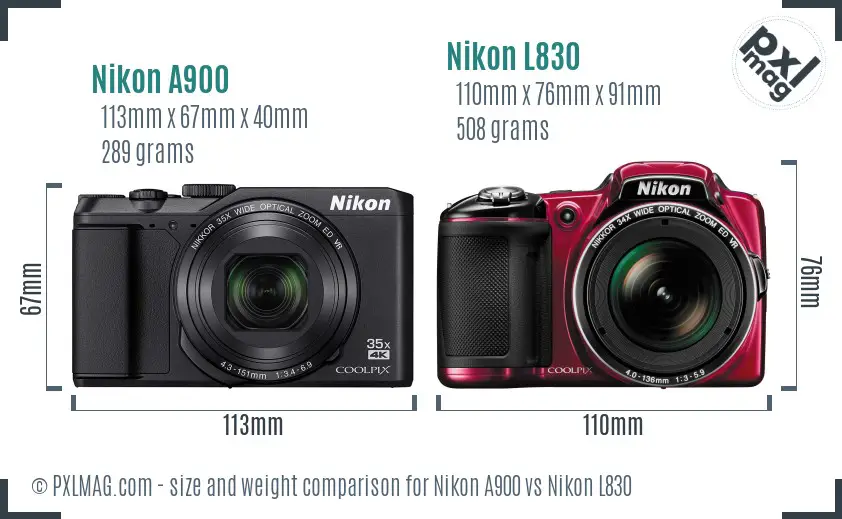 Nikon A900 vs Nikon L830 size comparison