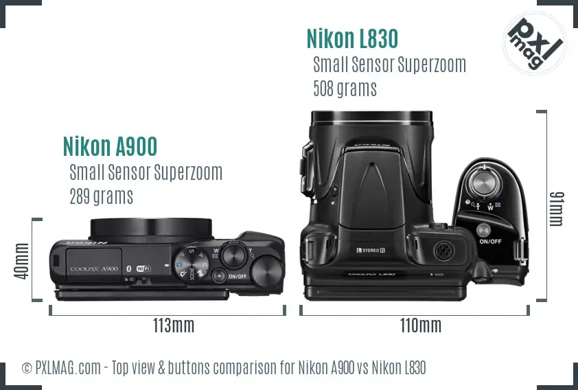 Nikon A900 vs Nikon L830 top view buttons comparison