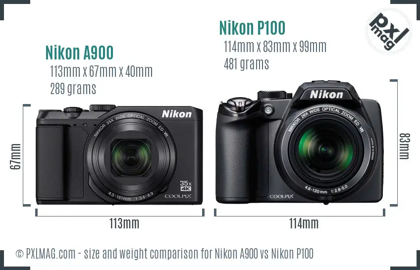 Nikon A900 vs Nikon P100 size comparison