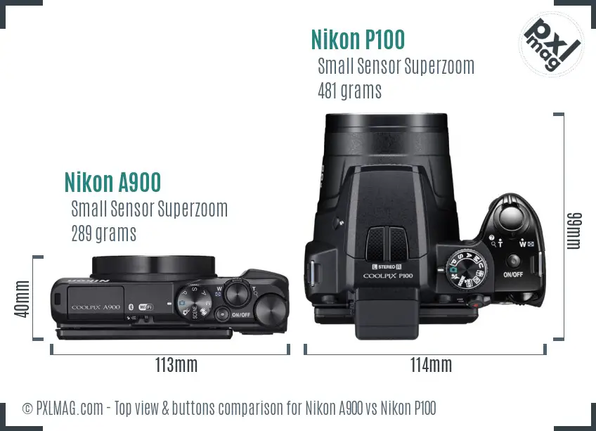 Nikon A900 vs Nikon P100 top view buttons comparison