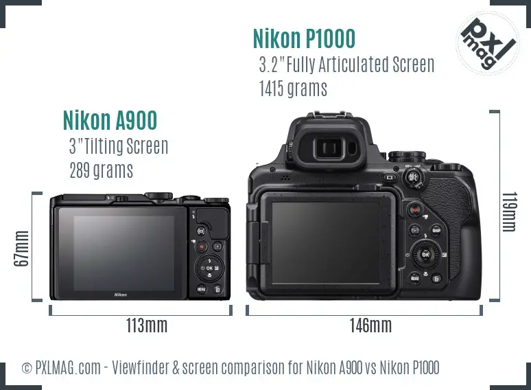 Nikon A900 vs Nikon P1000 Screen and Viewfinder comparison