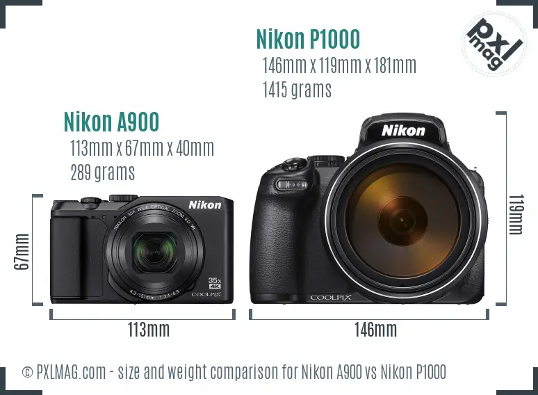 Nikon A900 vs Nikon P1000 size comparison