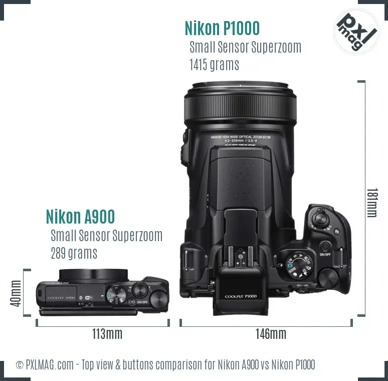 Nikon A900 vs Nikon P1000 top view buttons comparison
