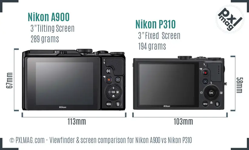 Nikon A900 vs Nikon P310 Screen and Viewfinder comparison