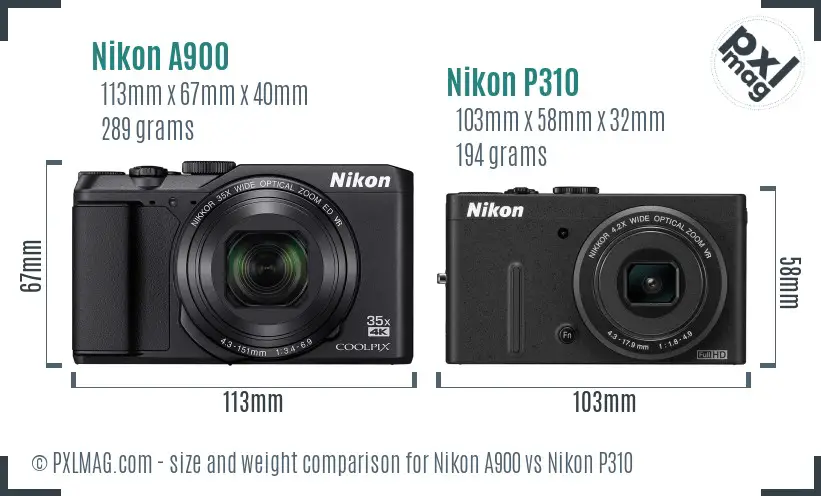 Nikon A900 vs Nikon P310 size comparison