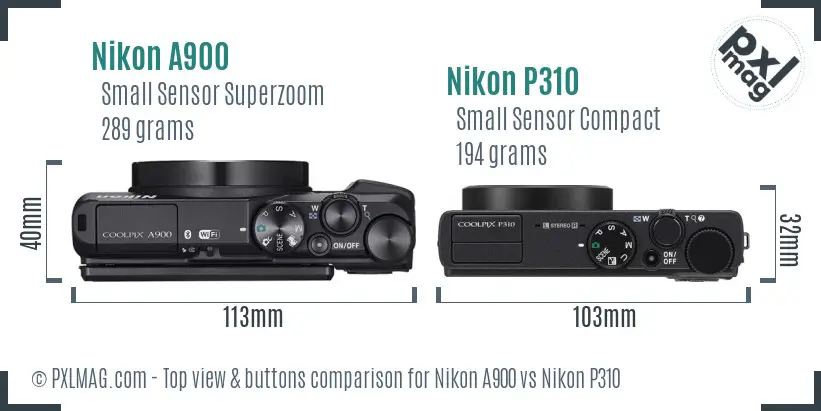 Nikon A900 vs Nikon P310 top view buttons comparison