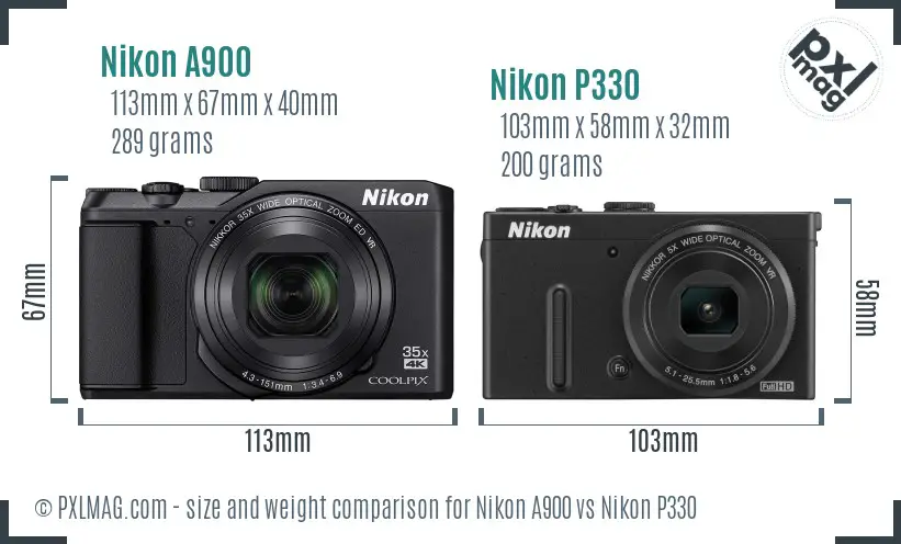 Nikon A900 vs Nikon P330 size comparison