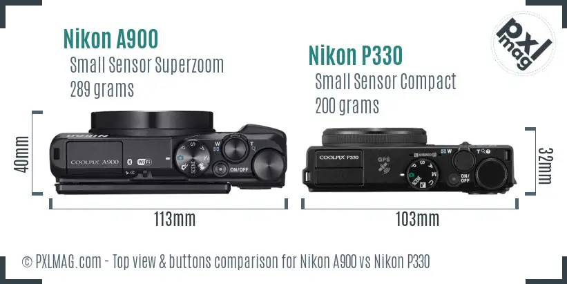 Nikon A900 vs Nikon P330 top view buttons comparison
