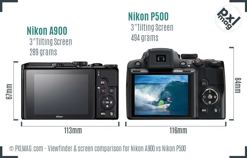 Nikon A900 vs Nikon P500 Screen and Viewfinder comparison