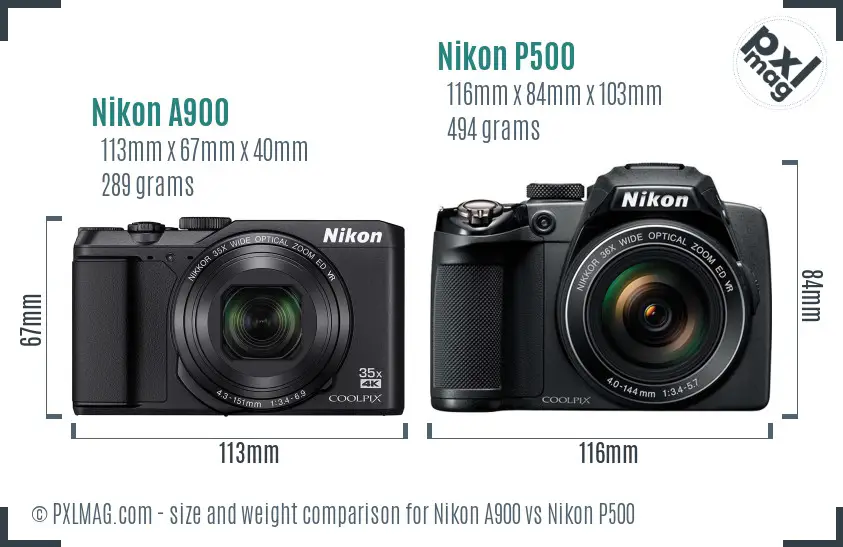 Nikon A900 vs Nikon P500 size comparison