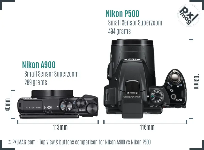 Nikon A900 vs Nikon P500 top view buttons comparison
