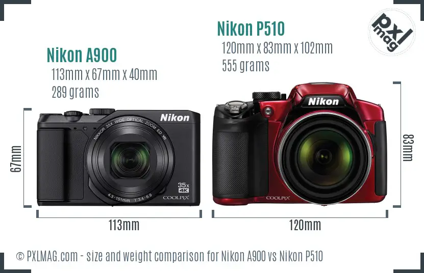 Nikon A900 vs Nikon P510 size comparison