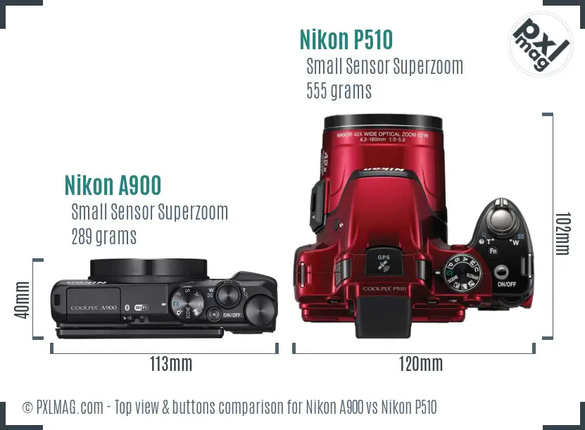Nikon A900 vs Nikon P510 top view buttons comparison