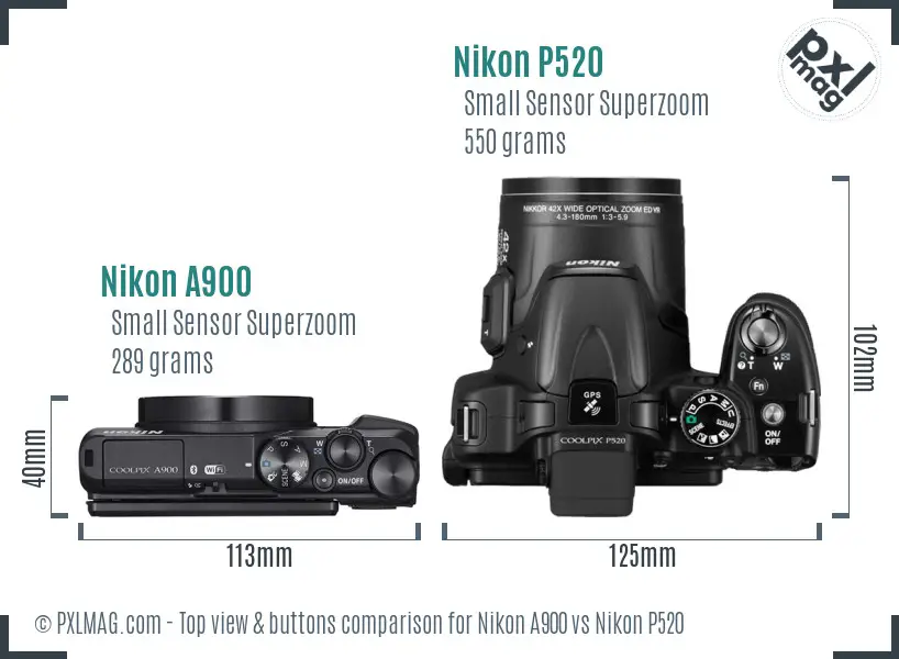 Nikon A900 vs Nikon P520 top view buttons comparison Nikon A900 vs Nikon P520 top view buttons comparison
